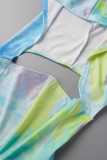 Cyan Casual Print Tie Dye Patchwork Backless Hooded Collar Skinny Rompers