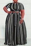 Coffee Casual Striped Print Bandage O Neck Short Sleeve Dress Plus Size Two Pieces