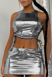 Black Sexy Street Celebrities Solid Cross Straps Reflective O Neck Sleeveless Two Pieces