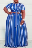 Deep Blue Casual Striped Print Bandage O Neck Short Sleeve Dress Plus Size Two Pieces