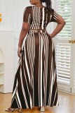 Coffee Casual Striped Print Bandage O Neck Short Sleeve Dress Plus Size Two Pieces