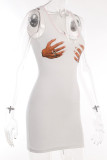 White Sexy Street Print Patchwork U Neck Pencil Skirt Dresses