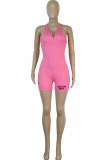 Pink Sportswear Print Letter Zipper Collar Rompers
