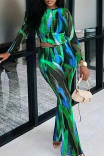 Green Casual Print Basic O Neck Long Sleeve Two Pieces