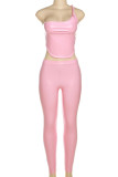 Pink Casual Solid Backless Spaghetti Strap Sleeveless Two Pieces
