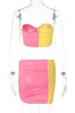 Yellow Sexy Solid Patchwork Backless Contrast Strapless Sleeveless Two Pieces