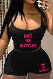Black Sexy Print Letter Spaghetti Strap Sleeveless Two Pieces