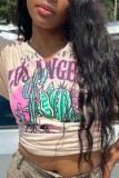Khaki Casual Print Basic V Neck T-Shirts