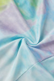 Cyan Casual Print Tie Dye Patchwork Backless Hooded Collar Skinny Rompers