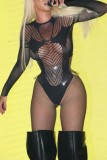 Black Sexy Solid See-through O Neck Skinny Jumpsuits