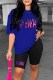 Blue Casual Print Letter O Neck Short Sleeve Two Pieces