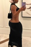 Black Sexy Solid Bandage Backless U Neck Sleeveless Two Pieces