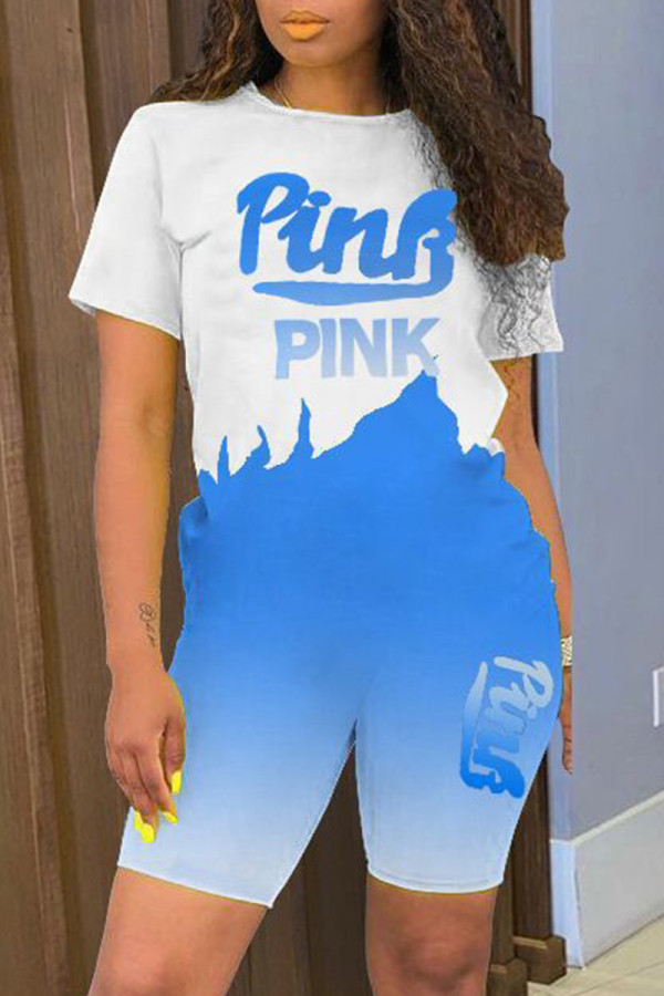Sky Blue Casual Letter Print Basic O Neck Short Sleeve Two Pieces
