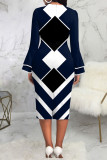 Blue Casual Print Patchwork O Neck One Step Skirt Dresses