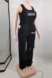 Black Casual Print Ripped Letter U Neck Sleeveless Two Pieces