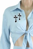 Light Blue Casual Print Hollowed Out Turndown Collar Shirt Dress Dresses