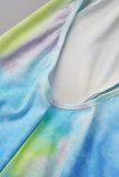 Cyan Casual Print Tie Dye Patchwork Backless Hooded Collar Skinny Rompers