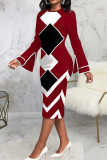 Blue Casual Print Patchwork O Neck One Step Skirt Dresses