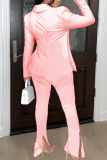 Pink Sexy Casual Street Solid Patchwork Slit Mesh V Neck Long Sleeve Two Pieces