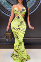 Green Sexy Print Backless Spaghetti Strap Long Dress Dresses