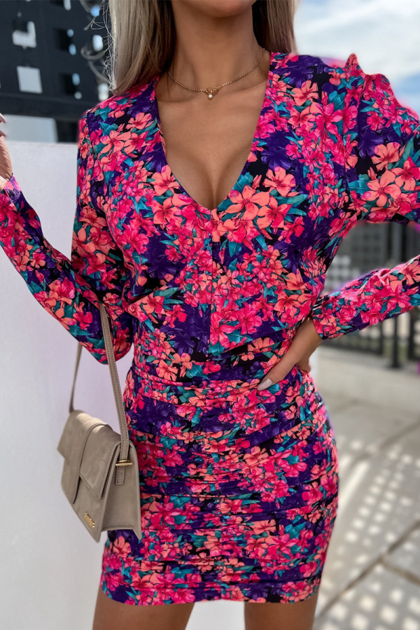Fuchsia Casual Street Print Patchwork Fold V Neck One Step Skirt Dresses