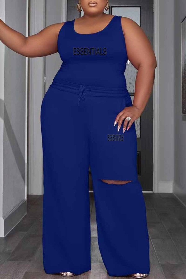 Deep Blue Casual Print Ripped Letter U Neck Sleeveless Two Pieces