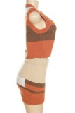 Brown Casual Patchwork Ripped Hollowed Out O Neck Sleeveless Two Pieces
