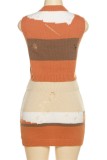 Brown Casual Patchwork Ripped Hollowed Out O Neck Sleeveless Two Pieces