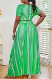 Green Casual Striped Print Bandage O Neck Short Sleeve Dress Plus Size Two Pieces