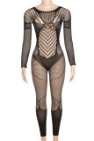Black Sexy Solid See-through O Neck Skinny Jumpsuits
