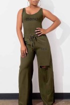 Army Green Casual Print Ripped Letter U Neck Sleeveless Two Pieces