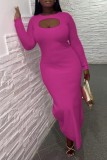 Rose Red Casual Solid Hollowed Out O Neck Long Sleeve Dresses
