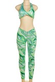 Green Sexy Print Bandage Backless Halter Sleeveless Two Pieces
