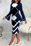 Blue Casual Print Patchwork O Neck One Step Skirt Dresses