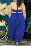 Blue Sexy Solid Bandage Patchwork Backless Asymmetrical Halter Plus Size Two Pieces