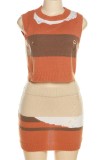 Brown Casual Patchwork Ripped Hollowed Out O Neck Sleeveless Two Pieces