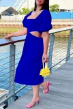 Blue Casual Solid Hollowed Out Backless Square Collar One Step Skirt Short Sleeve Dress