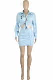 Light Blue Casual Print Hollowed Out Turndown Collar Shirt Dress Dresses
