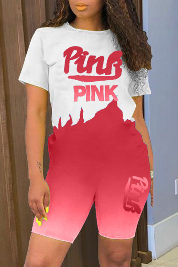 Red Casual Letter Print Basic O Neck Short Sleeve Two Pieces