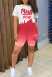 Red Casual Letter Print Basic O Neck Short Sleeve Two Pieces