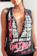 Black Sexy Street Letter Metal Accessories Decoration V Neck Tops