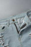 Light Blue Street Solid Ripped Make Old Patchwork High Waist Denim Shorts