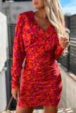 Fuchsia Casual Street Print Patchwork Fold V Neck One Step Skirt Dresses