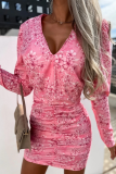 Fuchsia Casual Street Print Patchwork Fold V Neck One Step Skirt Dresses
