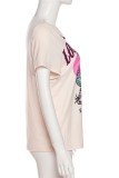 Khaki Casual Print Basic V Neck T-Shirts
