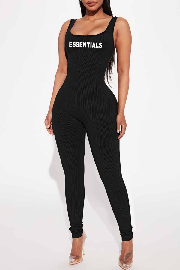 Black Street Print Letter U Neck Jumpsuits