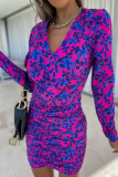 Fuchsia Casual Street Print Patchwork Fold V Neck One Step Skirt Dresses
