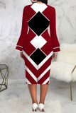 Blue Casual Print Patchwork O Neck One Step Skirt Dresses