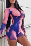 Pink Casual Print Basic O Neck Long Sleeve Skinny Romper