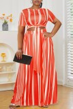 Orange Red Casual Striped Print Bandage O Neck Short Sleeve Dress Plus Size Two Pieces